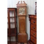 Oak longcase clock having square brass dial, signed Kenyon.