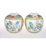 Pair Chinese ginger jars with panels of figures, no covers, 13.5cm.