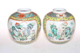 Pair Chinese ginger jars with panels of figures, no covers, 13.5cm.