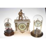 Alabaster and gilt metal mantel clock with cyclist and two anniversary clocks (3).