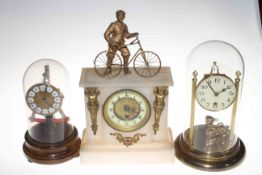 Alabaster and gilt metal mantel clock with cyclist and two anniversary clocks (3).