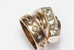 Gents 9 carat gold five stone diamond ring, size V and another gents ring (2).