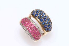 Ruby and diamond multi-stone 9 carat gold ring, size L, and sapphire multi-stone 9 carat gold ring,