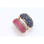 Ruby and diamond multi-stone 9 carat gold ring, size L, and sapphire multi-stone 9 carat gold ring,