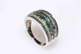 9 carat white gold, diamond and sea green colour multi stone ring, size R.