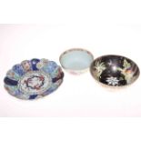 Lustre bird and floral decorated bowl, Imari design dish with six character mark to base,