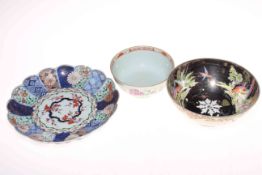 Lustre bird and floral decorated bowl, Imari design dish with six character mark to base,