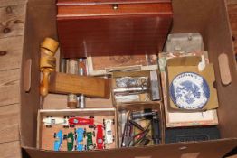 Box of collectables including cigar and coin boxes, model vehicles, two Mauchline Ware napkin rings,