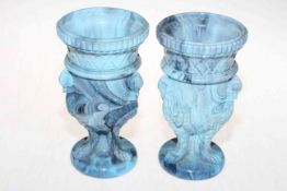 Pair Victorian blue slag glass urn vases, 17cm high.