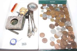 Collection of coinage and box with mostly small silver pieces.