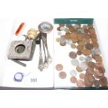 Collection of coinage and box with mostly small silver pieces.