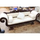 Regency style scrolled arm settee in light classical fabric, 87cm high by 221cm long by 60cm deep.