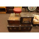 Two vintage trunks, Victorian writing box, vintage Philips Bakelite radio and footstool (5).