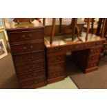 Mahogany seven drawer pedestal desk, 77cm high by 121cm wide by 61cm deep,