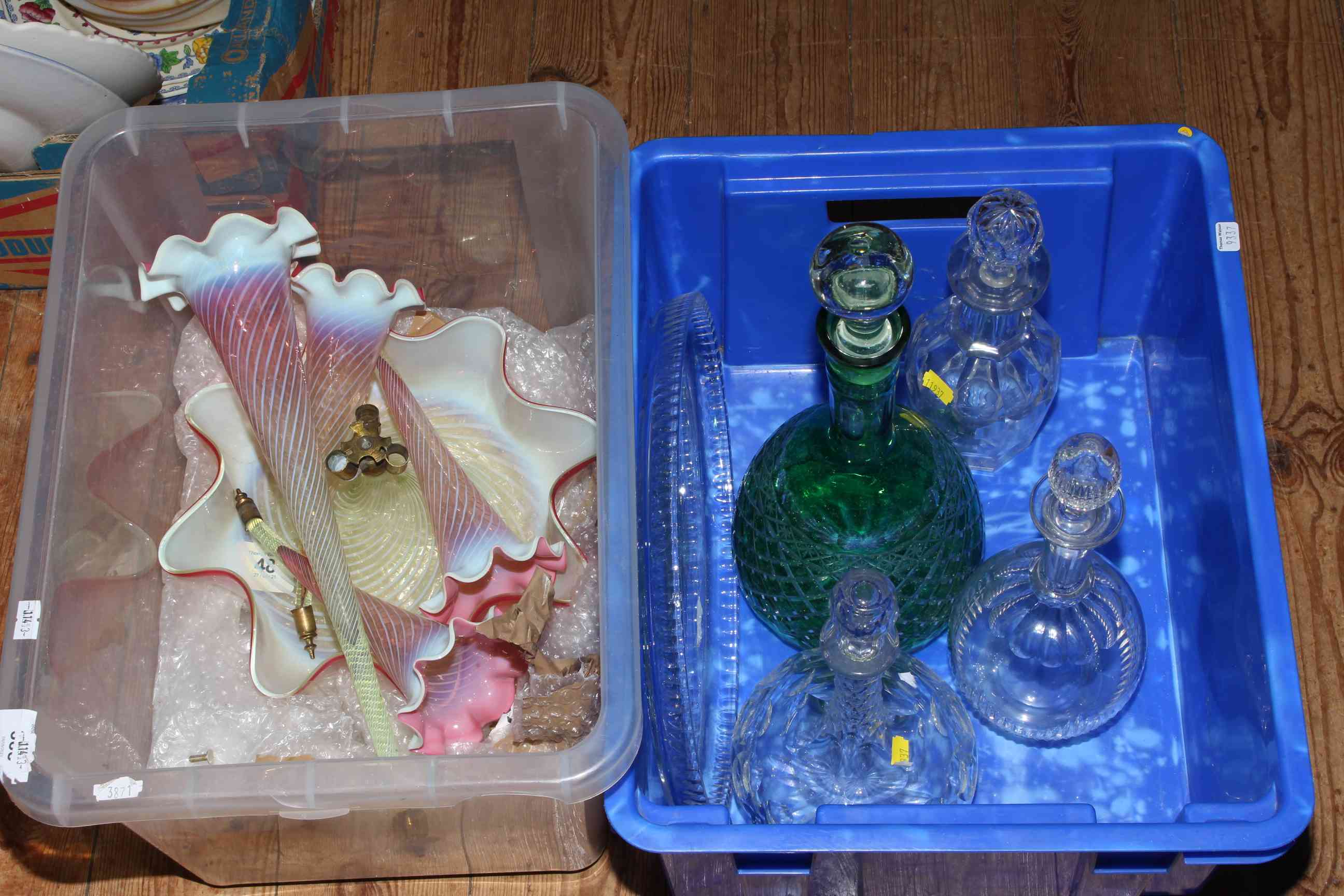 Glass epergne, four glass decanters, blue and white meat plate, Masons Vista meat plate and bowl, - Image 3 of 3