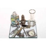 Four silver and mother of pearl folding fruit knives, silver pepper, old glass marbles, two watches,