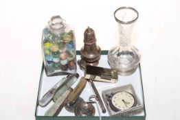 Four silver and mother of pearl folding fruit knives, silver pepper, old glass marbles, two watches,