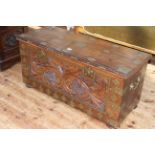 Carved hardwood and brass inlaid coffer, 45cm by 93cm wide by 40cm deep.