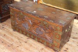 Carved hardwood and brass inlaid coffer, 45cm by 93cm wide by 40cm deep.