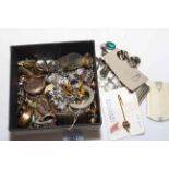 Box of collectables and jewellery including Waltham fob watch, aide memoire.