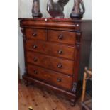 Victorian mahogany six drawer Scotch chest on turned legs, 138cm high by 120cm wide by 58cm deep.