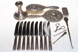 Box with silver mounted brush and mirror, loaded candlestick, etc.