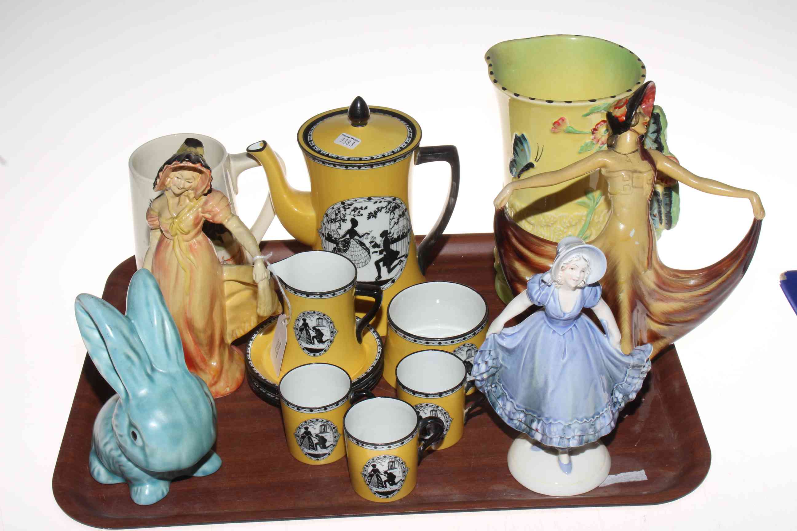 Two Wade figures, Pavlova and Barbara, Royal Doulton tankard, Burleigh Ware jug,