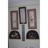 Six framed and glazed Oriental embroideries including two pairs.