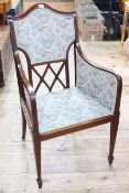 Edwardian mahogany and line inlaid occasional armchair in tapestry fabric.