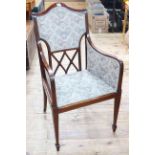 Edwardian mahogany and line inlaid occasional armchair in tapestry fabric.