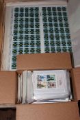 Shoebox of mint miniature GB stamp sheets with an approximate face value of £75,