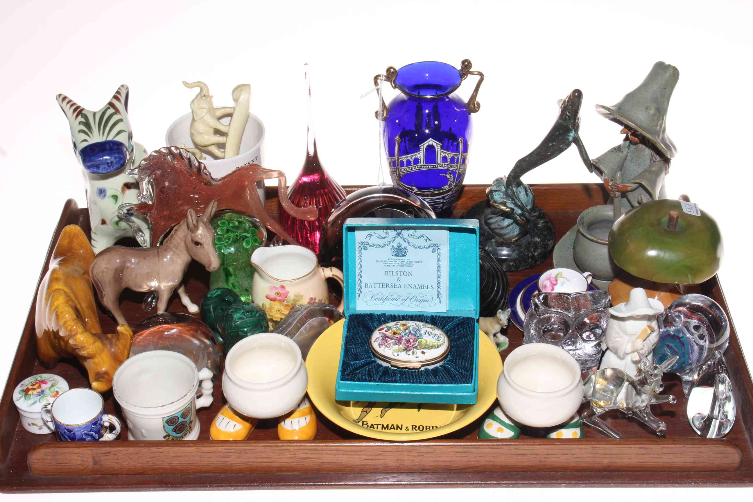 Tray of collectables including Royal Worcester candle snuffer and small blush jug,