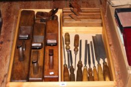 Collection of vintage wood planes and chisels including W. Haigh.