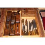 Collection of vintage wood planes and chisels including W. Haigh.