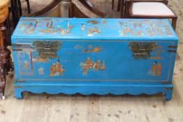 Blue lacquered and chinoiserie painted trunk,