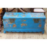 Blue lacquered and chinoiserie painted trunk,