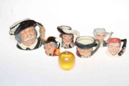 Six Royal Doulton character jugs, mostly small, and John Ditchfield apple paperweight (7).