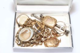 Small box of jewellery including 9 carat gold and seed pearl brooch, gold locket, gold cameo ring,