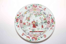 Large Chinese famille rose charger decorated with three figures and phoenix in garden setting,