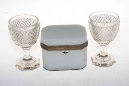 Opaque glass casket and pair of hobnail glass goblets.