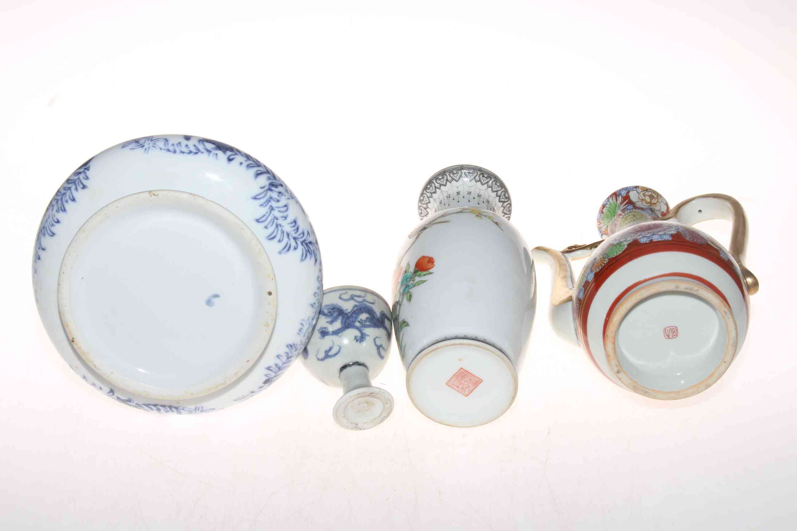 Antique Chinese blue and white stem cup and blue and white vase, polychrome vase and ewer (4). - Image 2 of 2