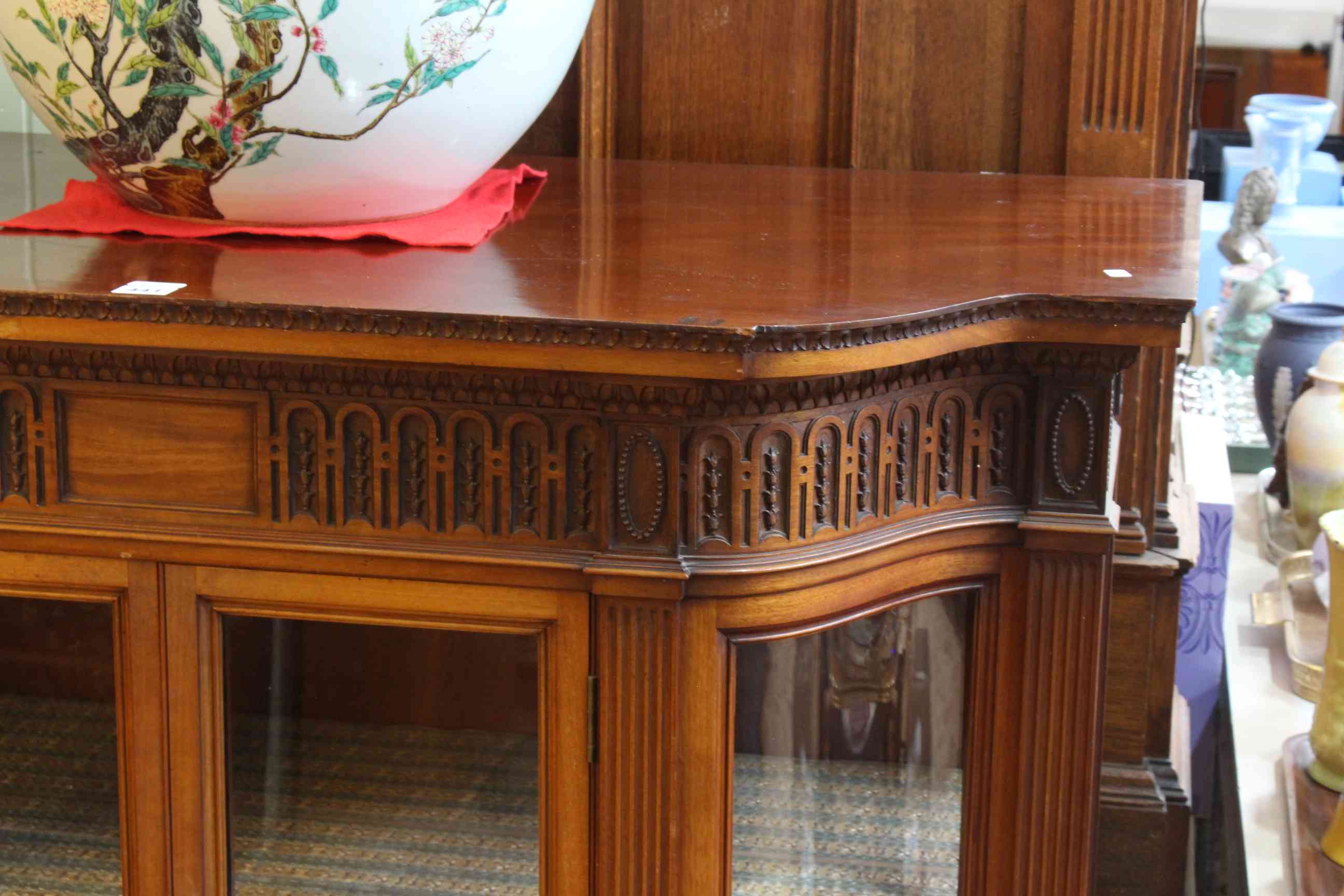 Late Victorian mahogany shaped front vitrine having carved Adams style frieze above pair central - Image 2 of 3