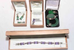 Boxed silver mounted jade jewellery, Cassiar Jade Inc, including bracelet earrings and pendants.