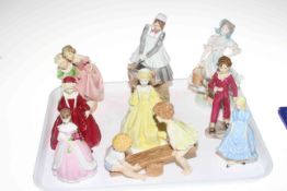 Nine Royal Worcester figures, Sister, The Scullery Maid, The Milkmaid, Parakeet,