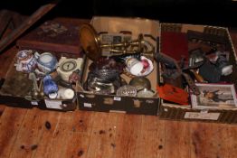 Three boxes of collectables including pair of brass candlesticks, Bakelite clock, various china,