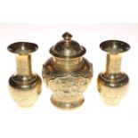 Oriental brass covered vase and pair vases.