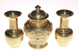 Oriental brass covered vase and pair vases.