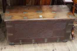 Carved hardwood and brass inlaid coffer, 45cm by 93cm wide by 40cm deep.