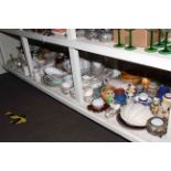 Full shelf of assorted china including Indian Tree tableware, vases, toilet set,