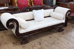 Regency style scrolled arm settee in light classical fabric, 87cm high by 221cm long by 60cm deep.